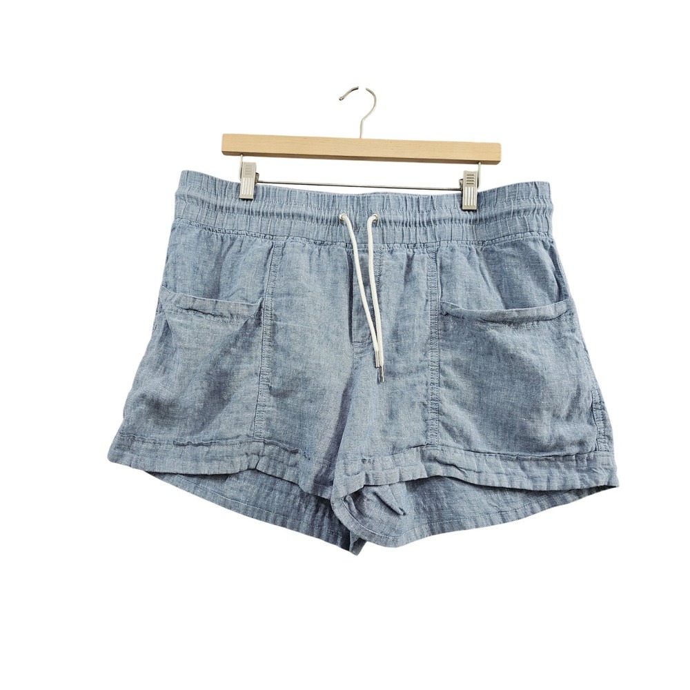 Athleta Cabo Linen 4" Short Womens Size 14 Blue Elastic Waist Drawstring Pockets